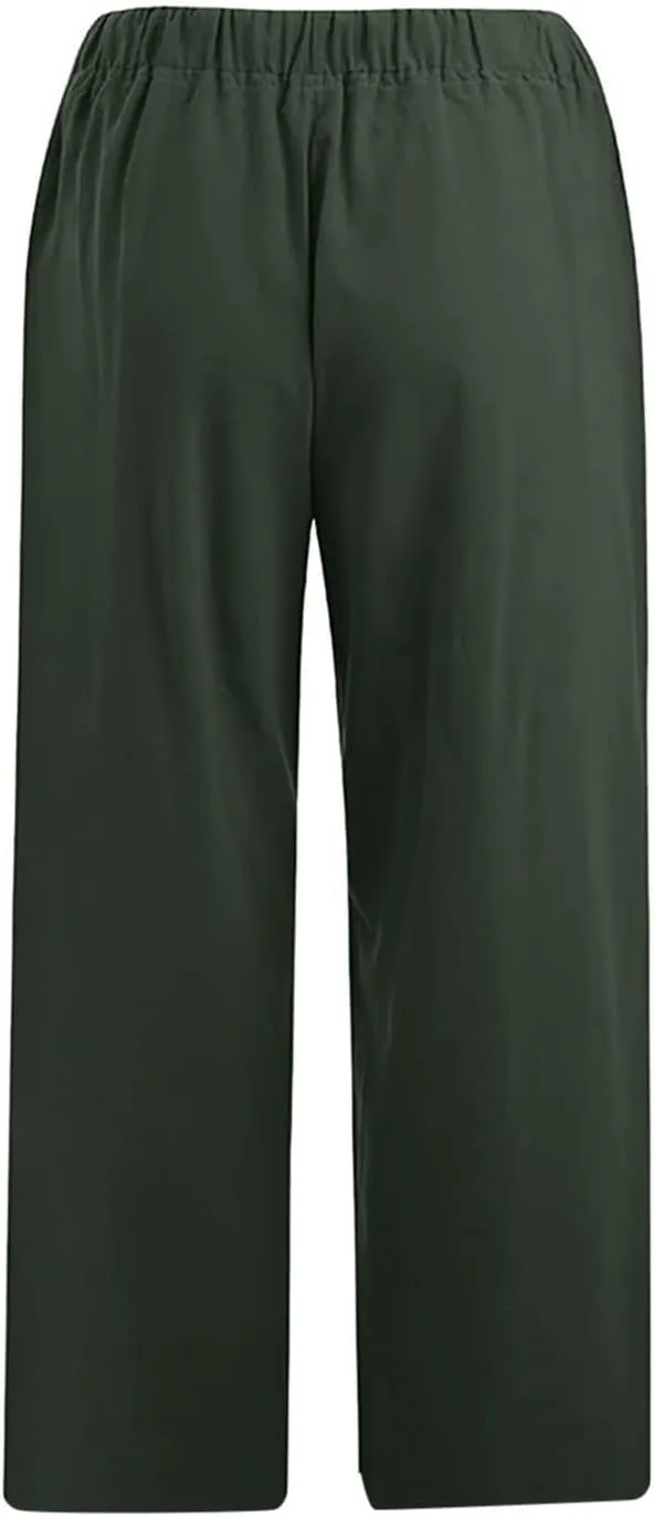 Linen Pants Women Casual Cotton Drawstring Mid Rise Wide Leg Trousers Lightweight Summer Beach Palazzo Capris Pants
