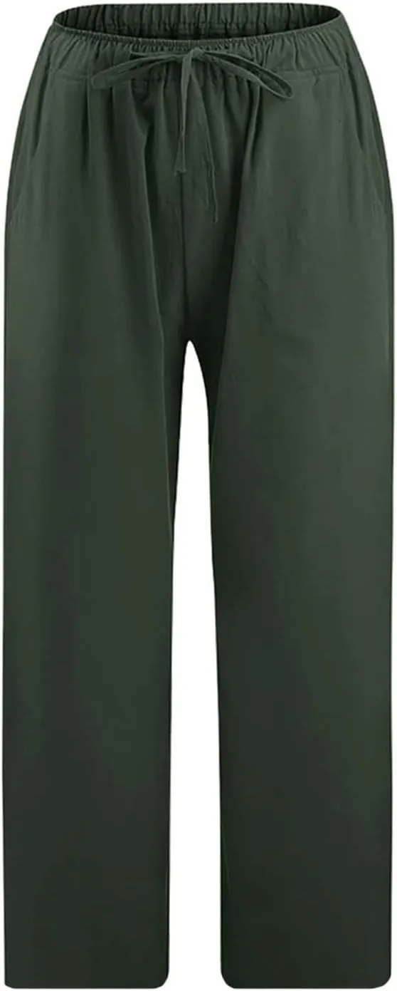 Linen Pants Women Casual Cotton Drawstring Mid Rise Wide Leg Trousers Lightweight Summer Beach Palazzo Capris Pants