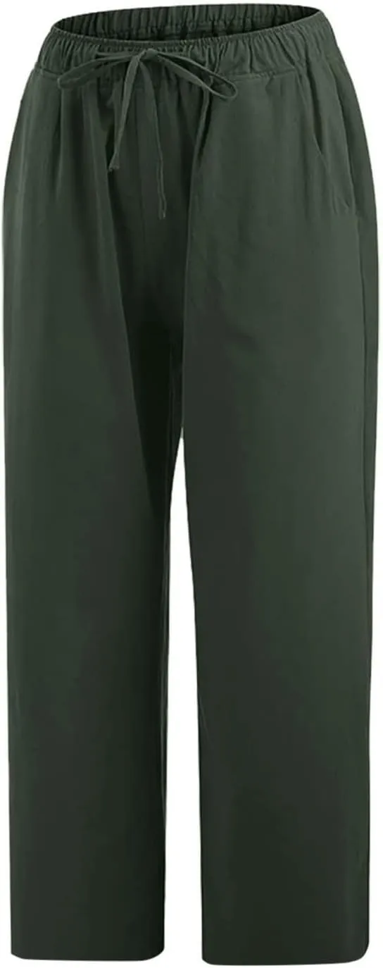 Linen Pants Women Casual Cotton Drawstring Mid Rise Wide Leg Trousers Lightweight Summer Beach Palazzo Capris Pants