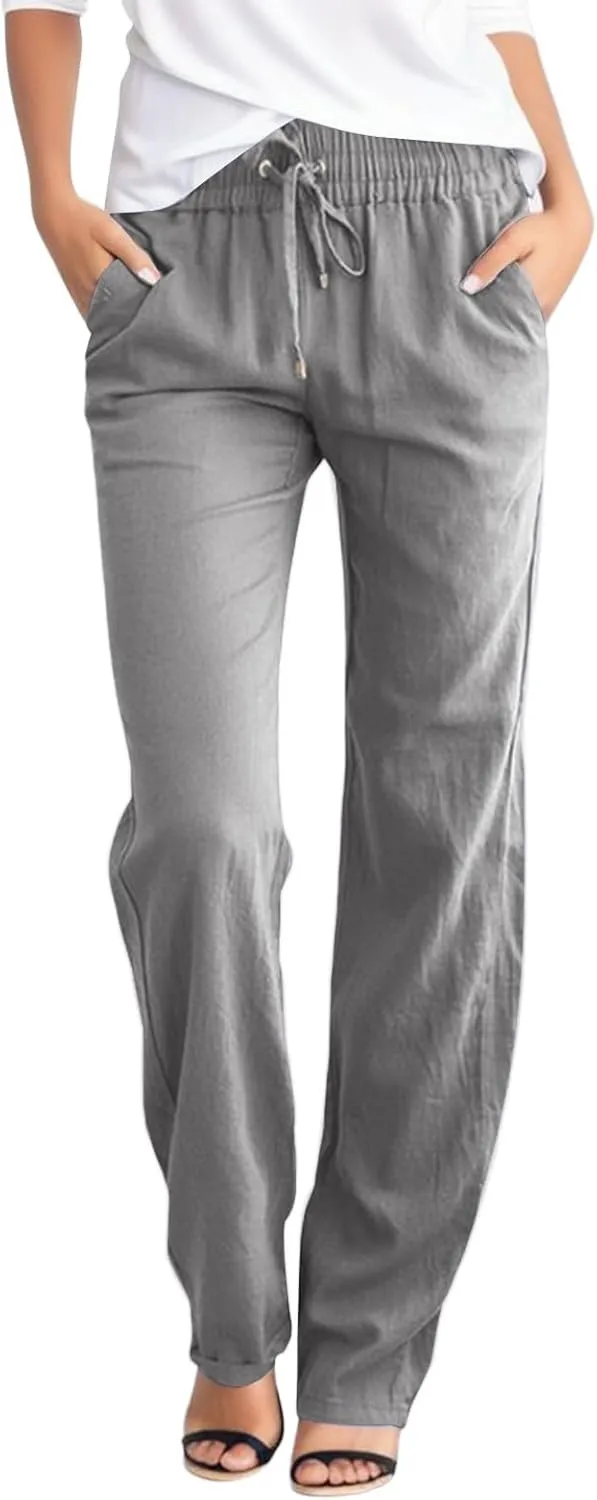 Linen Pants Women Casual High Waist Linen Pants Drawstring Loose Fit Summer Pants Trousers with Side Pockets