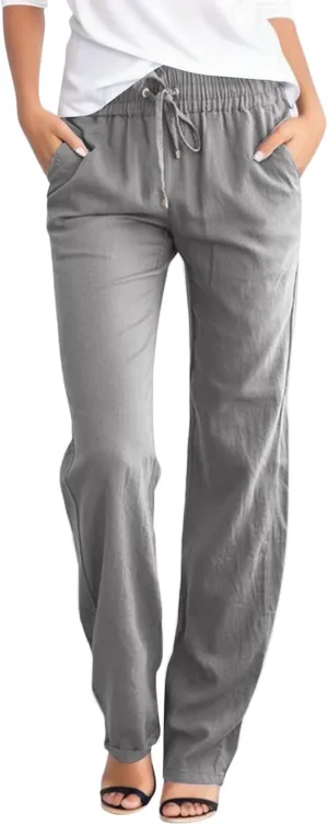 Linen Pants Women Casual High Waist Linen Pants Drawstring Loose Fit Summer Pants Trousers with Side Pockets