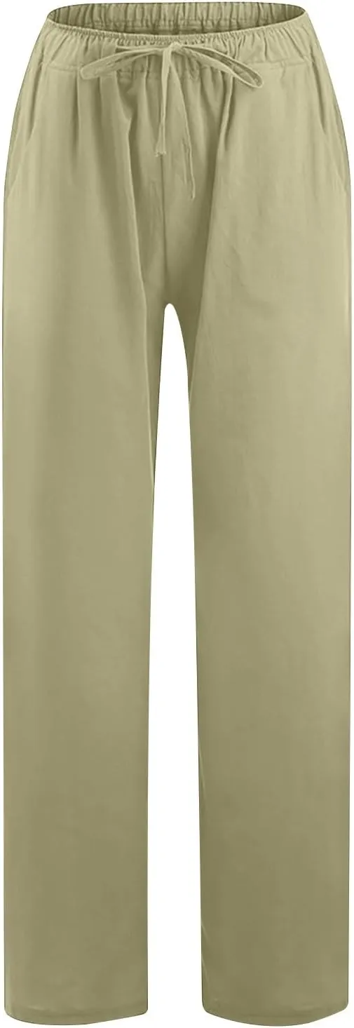 Linen Pants Women Casual Linen High Waist Pant Loose Fit Summer Pants Trousers Cotton Linen Palazzo Pants with Pockets