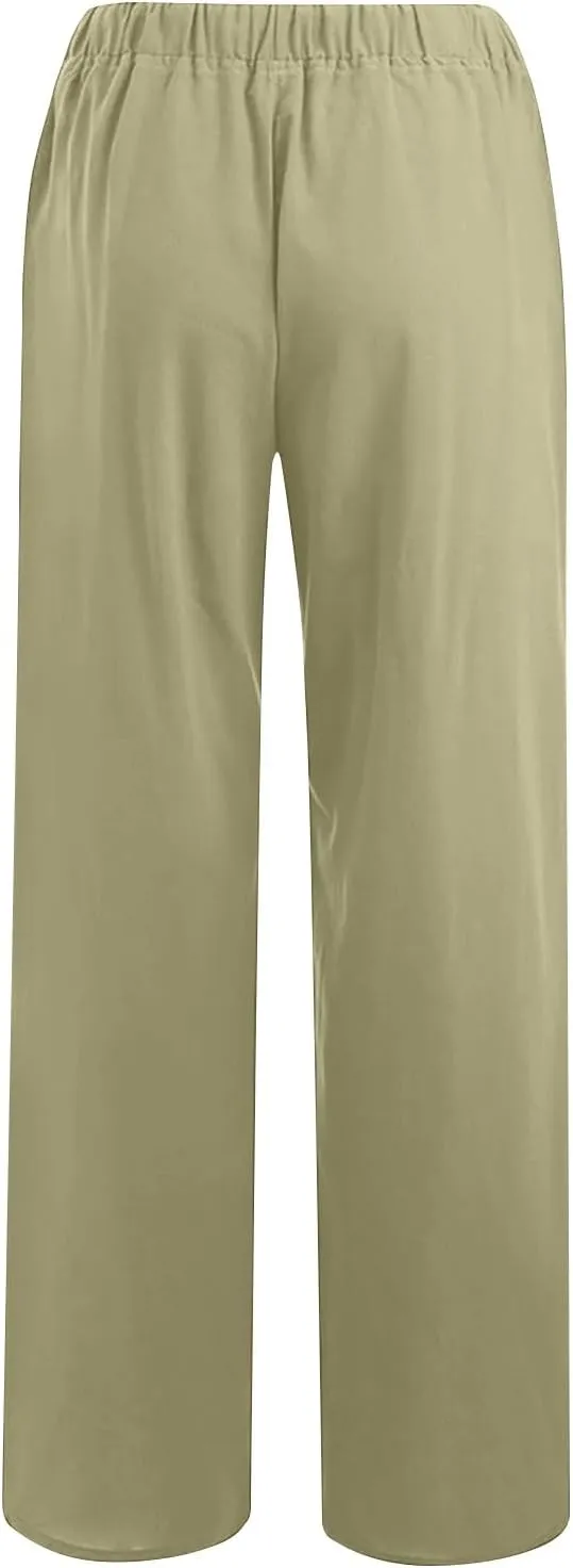 Linen Pants Women Casual Linen High Waist Pant Loose Fit Summer Pants Trousers Cotton Linen Palazzo Pants with Pockets