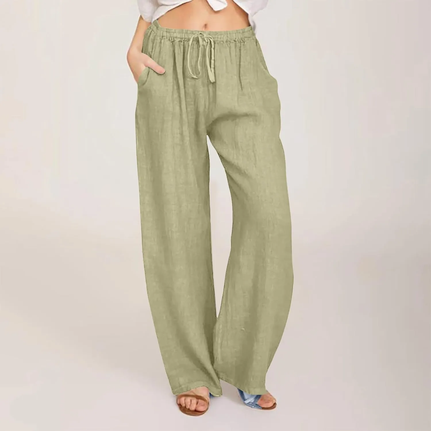 Linen Pants Women Casual Linen High Waist Pant Loose Fit Summer Pants Trousers Cotton Linen Palazzo Pants with Pockets