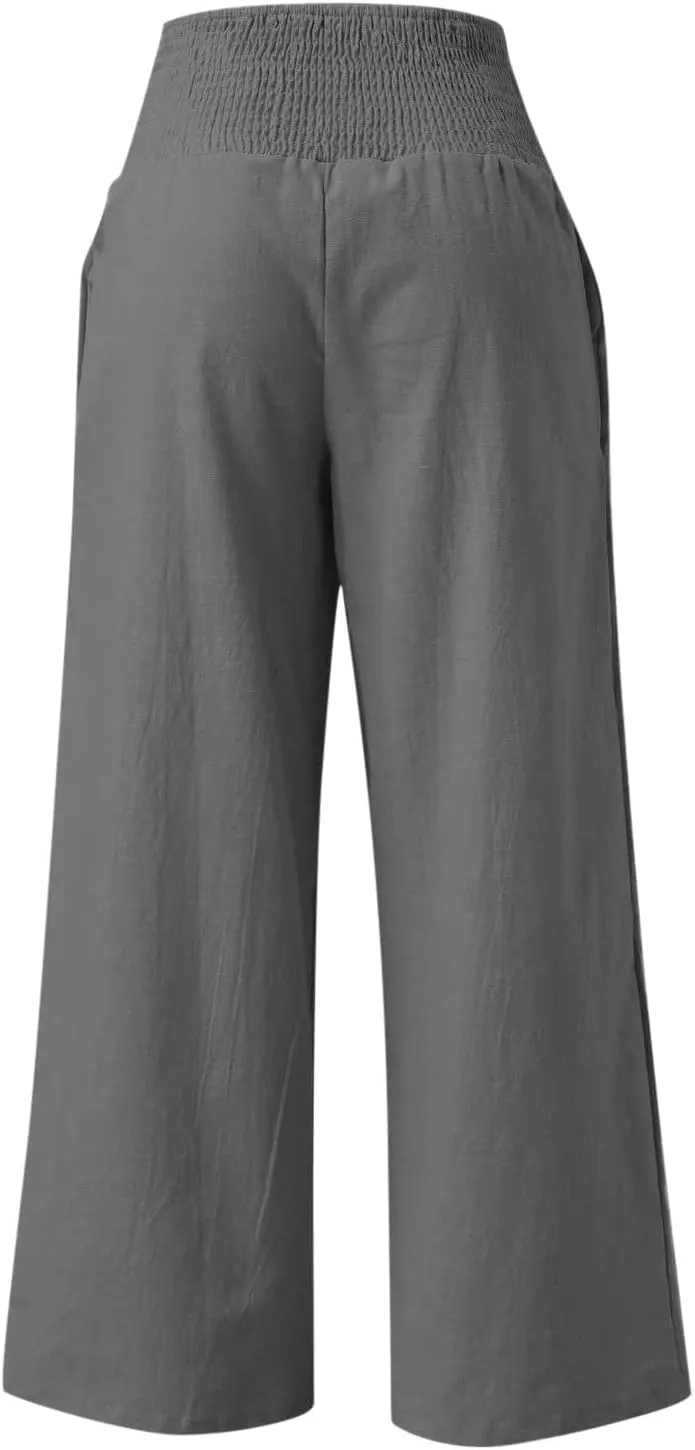 Linen Pants Women Casual Plus Size Summer Wide Leg Pants Beach Boho Wide Leg High Waist Pants Travel Vacation Outfits