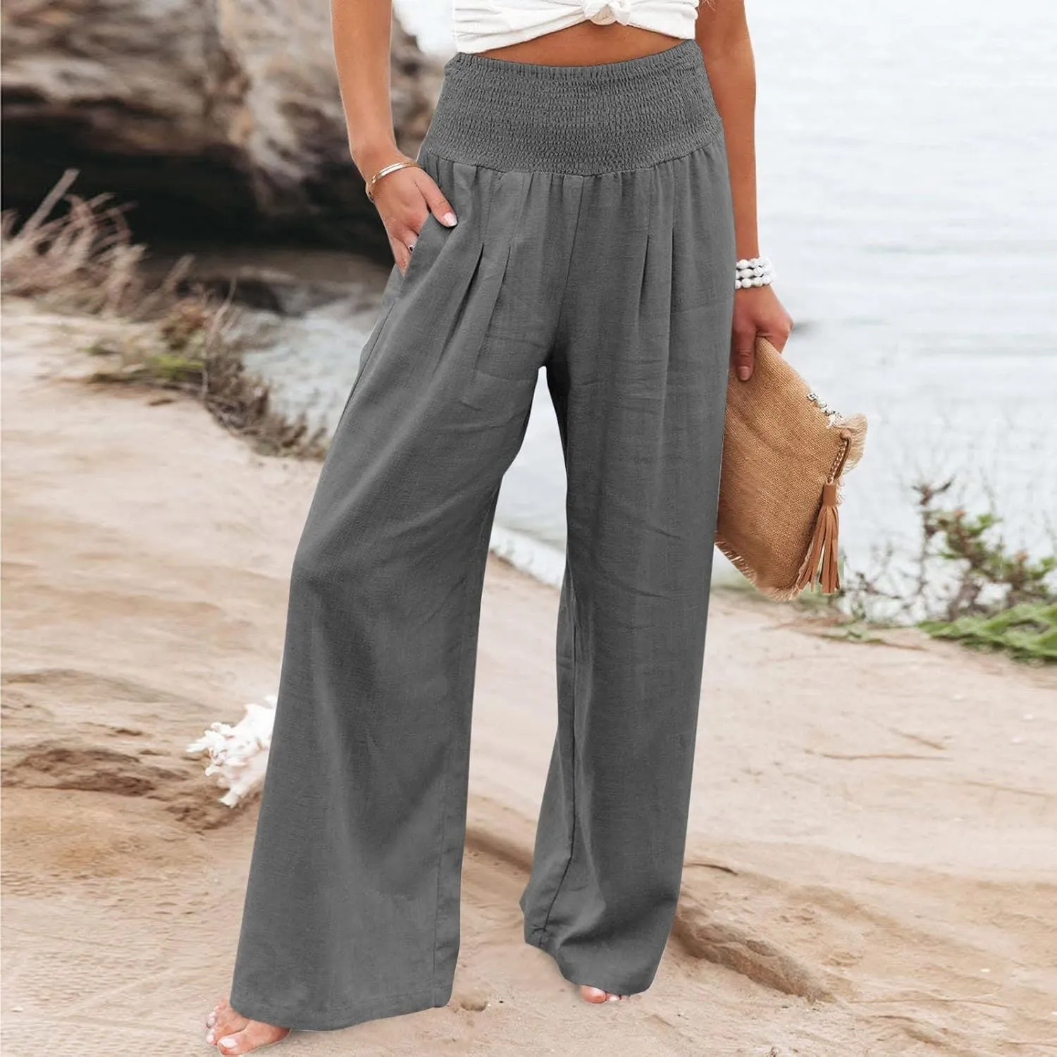 Linen Pants Women Casual Plus Size Summer Wide Leg Pants Beach Boho Wide Leg High Waist Pants Travel Vacation Outfits