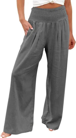 Linen Pants Women Casual Plus Size Summer Wide Leg Pants Beach Boho Wide Leg High Waist Pants Travel Vacation Outfits