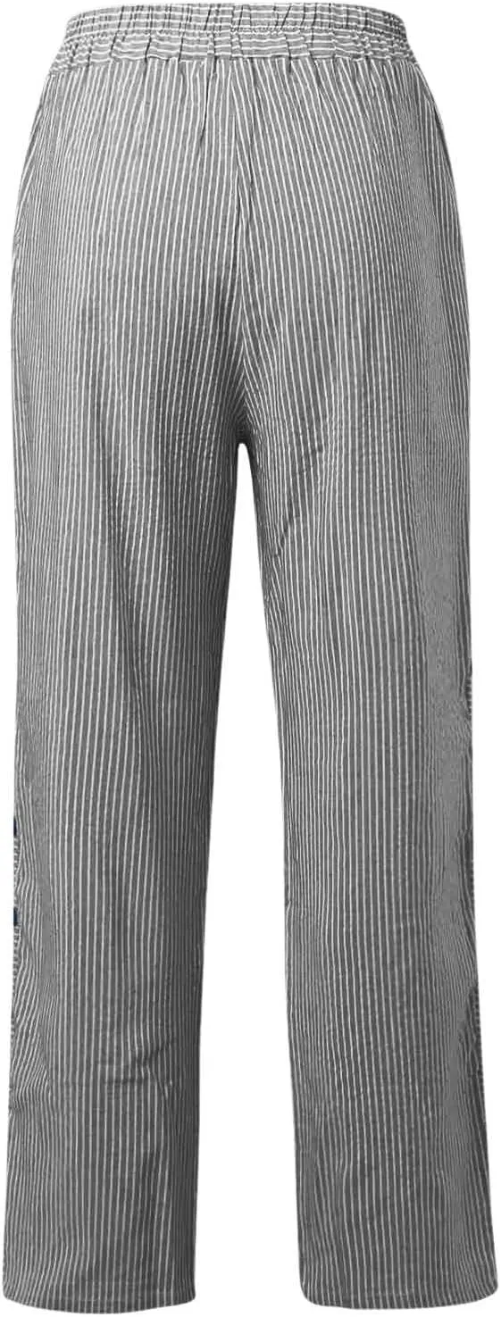 Linen Pants Women Cropped Side Button Elastic Waist Pants Casual Summer Beach Trousers with Pockets