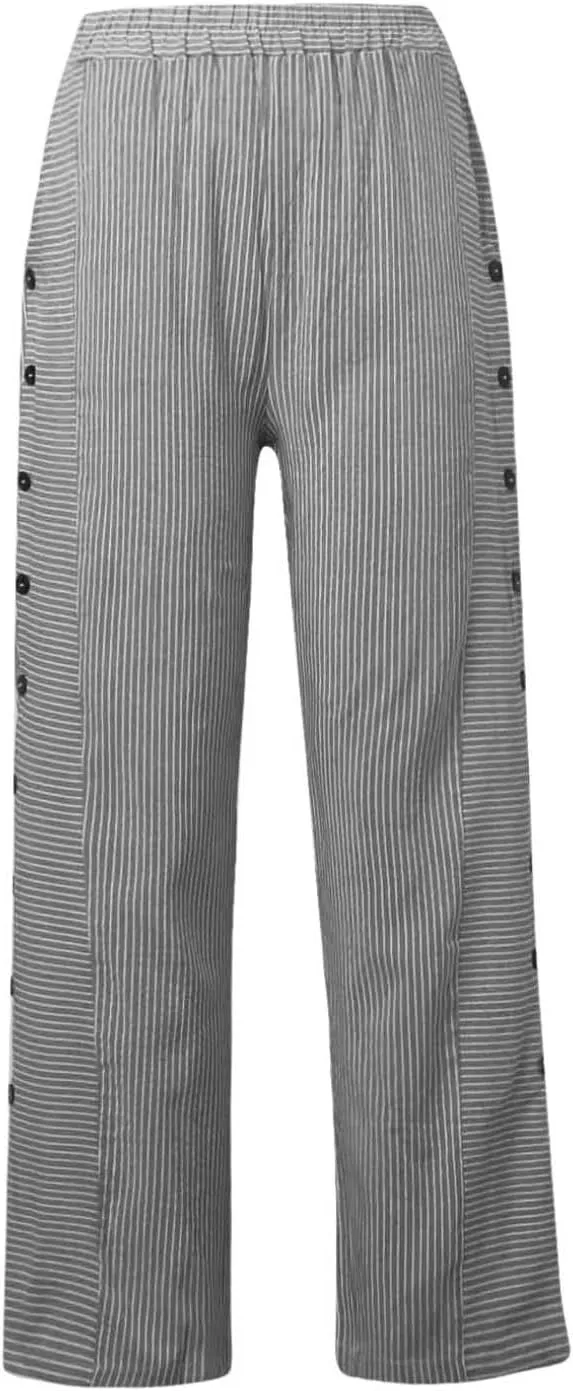 Linen Pants Women Cropped Side Button Elastic Waist Pants Casual Summer Beach Trousers with Pockets