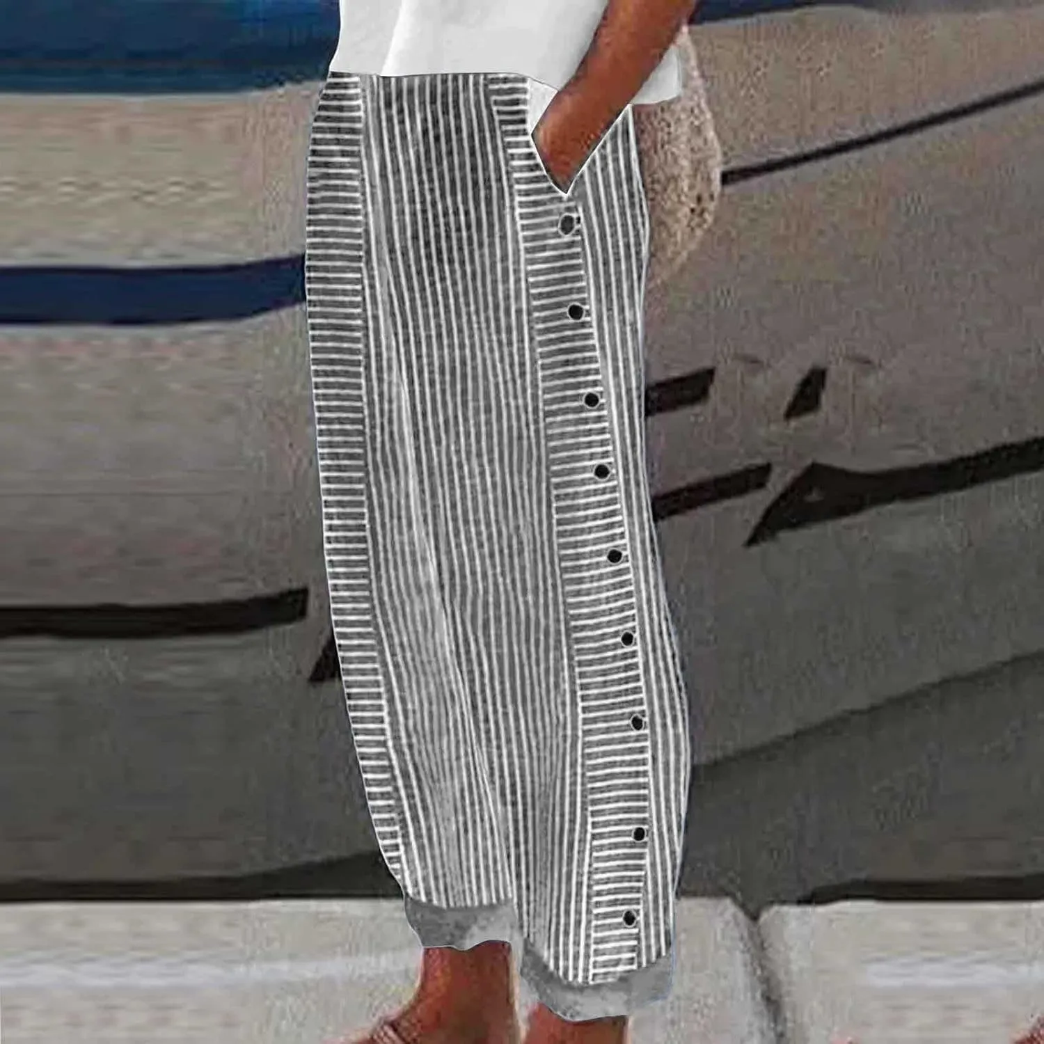 Linen Pants Women Cropped Side Button Elastic Waist Pants Casual Summer Beach Trousers with Pockets
