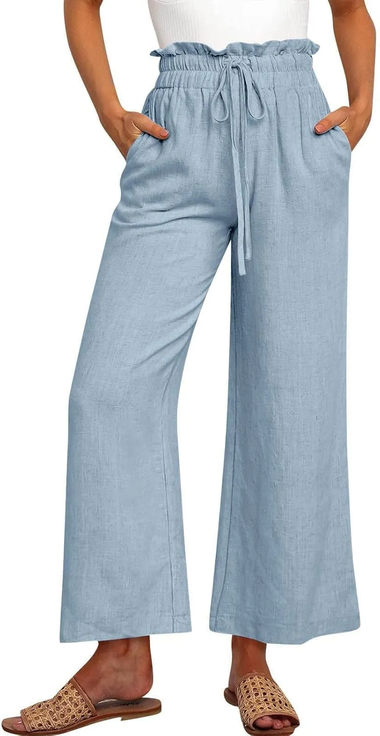 Linen Pants Women Drawstring High Waisted Cropped Wide Leg Pants Loose Boho Paperbag Beach Palazzo Pants with Pockets