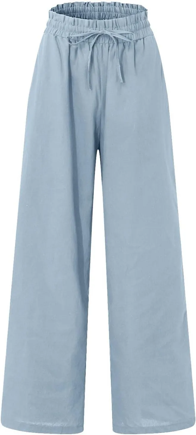 Linen Pants Women Drawstring High Waisted Cropped Wide Leg Pants Loose Boho Paperbag Beach Palazzo Pants with Pockets