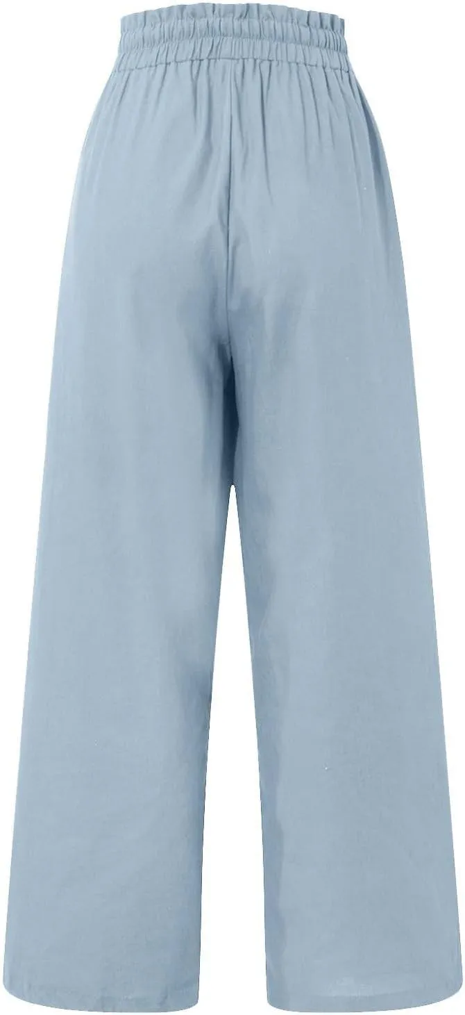 Linen Pants Women Drawstring High Waisted Cropped Wide Leg Pants Loose Boho Paperbag Beach Palazzo Pants with Pockets