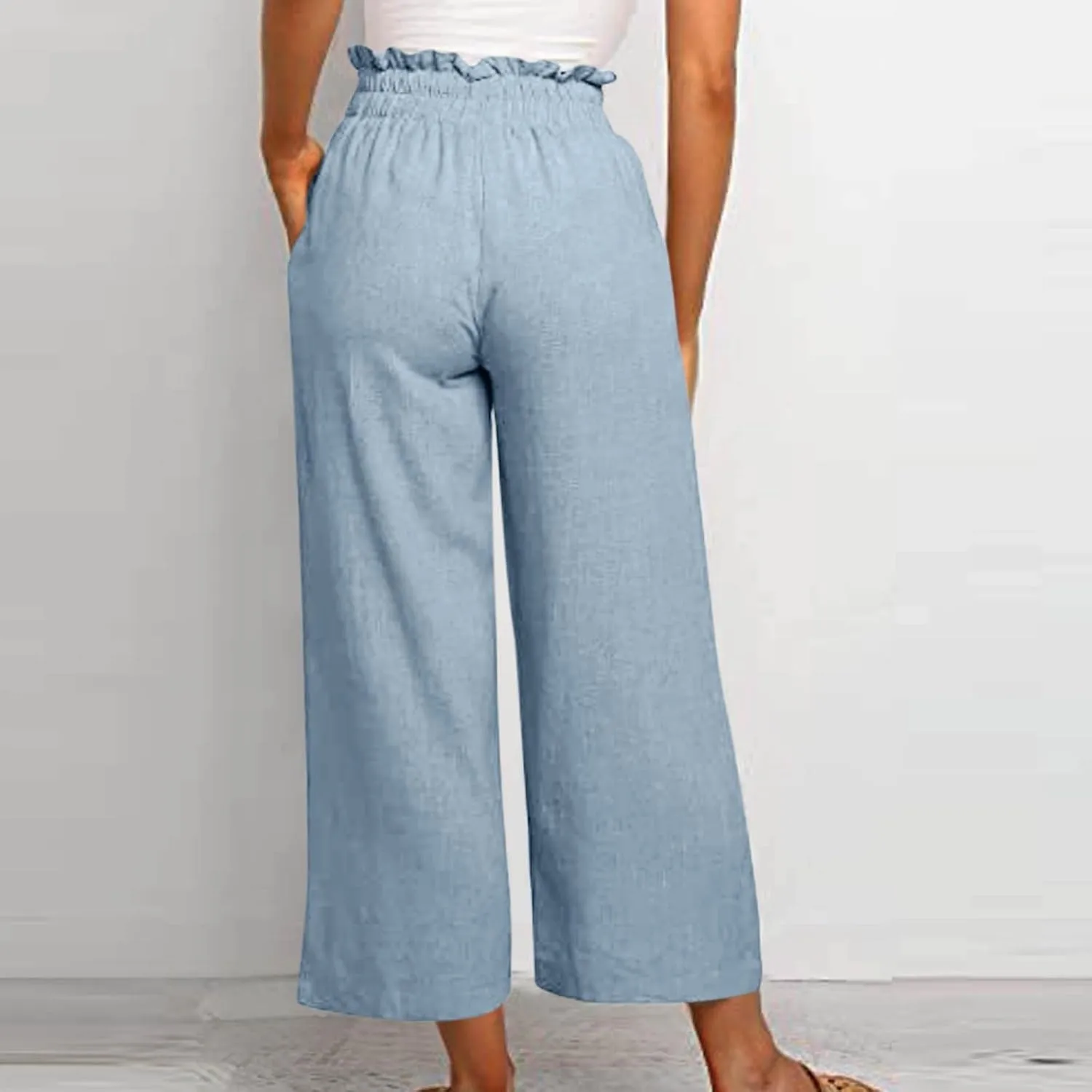 Linen Pants Women Drawstring High Waisted Cropped Wide Leg Pants Loose Boho Paperbag Beach Palazzo Pants with Pockets