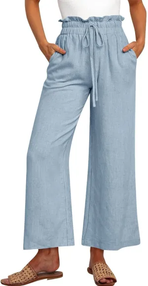 Linen Pants Women Drawstring High Waisted Cropped Wide Leg Pants Loose Boho Paperbag Beach Palazzo Pants with Pockets