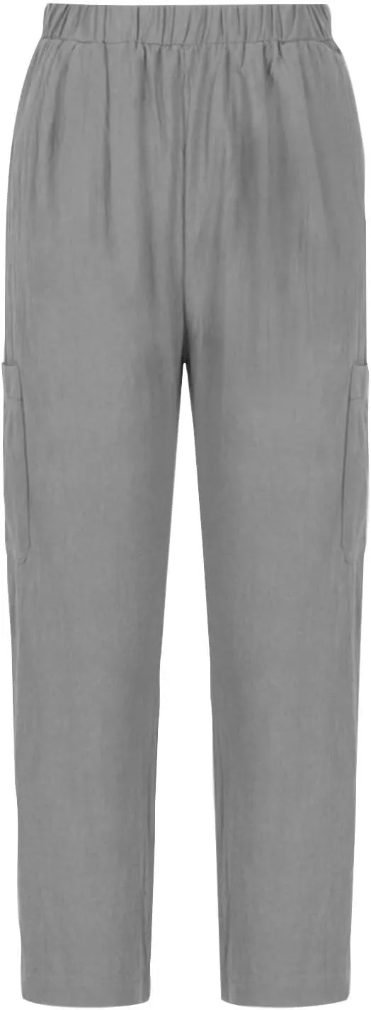 Linen Pants Women Elastic Waist Capris Lightweight Pant Striped Cropped Button Pant Lace Side Trousers Resort Wear