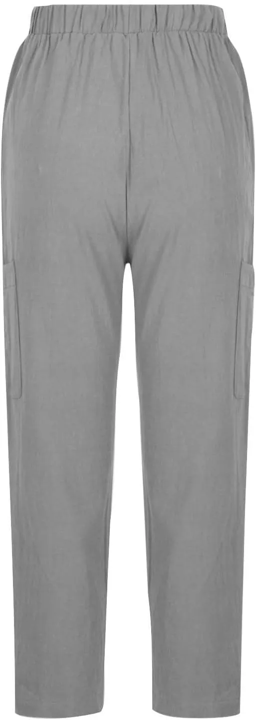 Linen Pants Women Elastic Waist Capris Lightweight Pant Striped Cropped Button Pant Lace Side Trousers Resort Wear