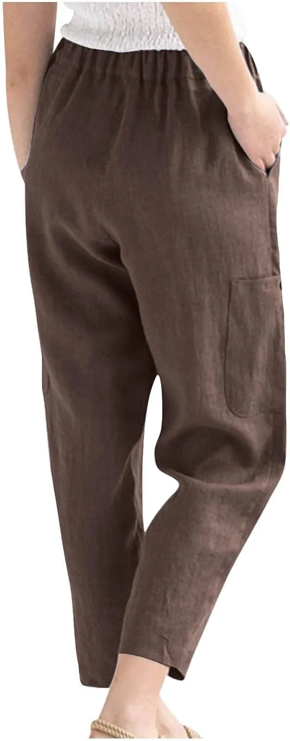 Linen Pants Women Elastic Waist Capris Lightweight Pant Striped Cropped Button Pant Lace Side Trousers Resort Wear