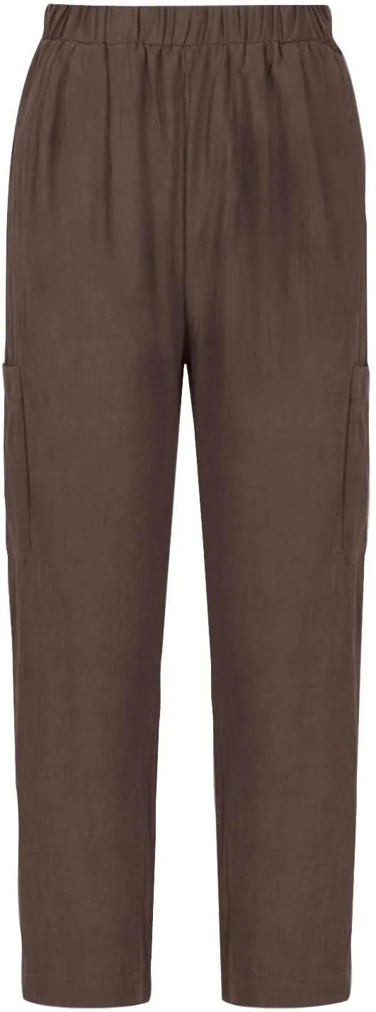 Linen Pants Women Elastic Waist Capris Lightweight Pant Striped Cropped Button Pant Lace Side Trousers Resort Wear