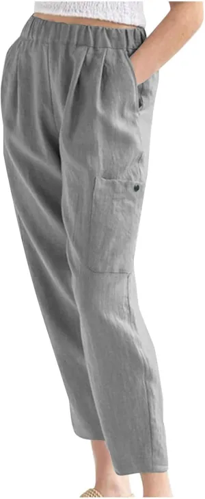 Linen Pants Women Elastic Waist Capris Lightweight Pant Striped Cropped Button Pant Lace Side Trousers Resort Wear