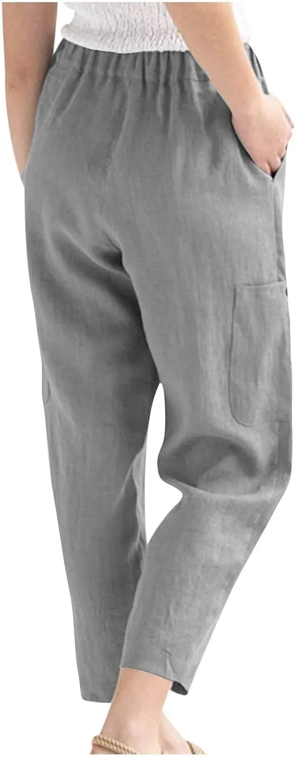 Linen Pants Women Elastic Waist Capris Lightweight Pant Striped Cropped Button Pant Lace Side Trousers Resort Wear