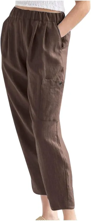Linen Pants Women Elastic Waist Capris Lightweight Pant Striped Cropped Button Pant Lace Side Trousers Resort Wear