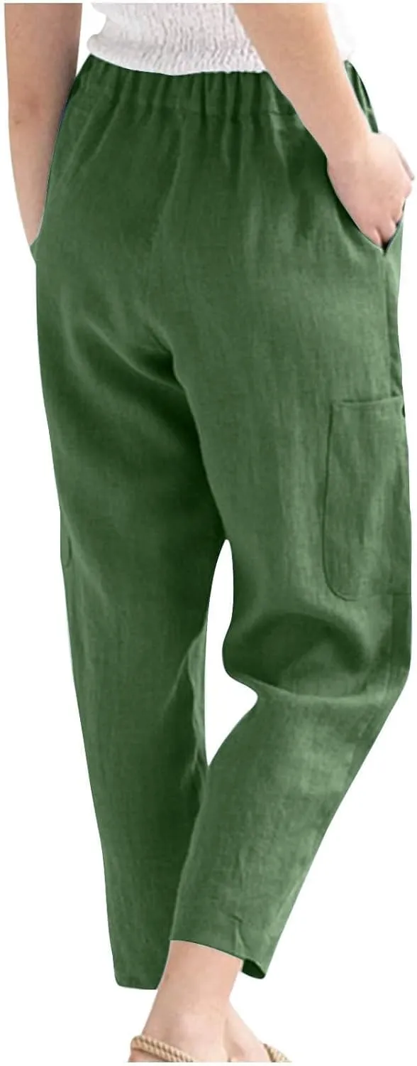 Linen Pants Women Elastic Waist Capris Lightweight Pant Striped Cropped Button Pant Lace Side Trousers Resort Wear