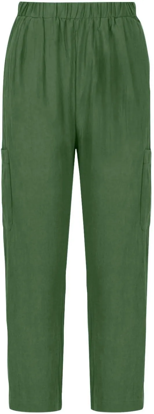 Linen Pants Women Elastic Waist Capris Lightweight Pant Striped Cropped Button Pant Lace Side Trousers Resort Wear