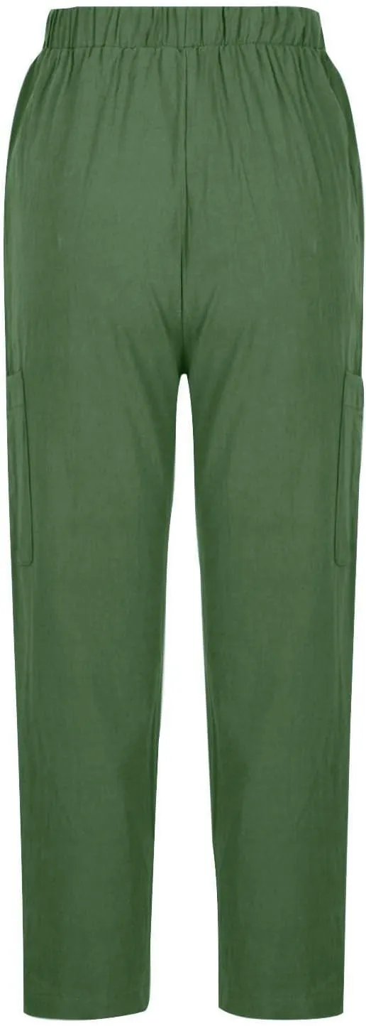 Linen Pants Women Elastic Waist Capris Lightweight Pant Striped Cropped Button Pant Lace Side Trousers Resort Wear