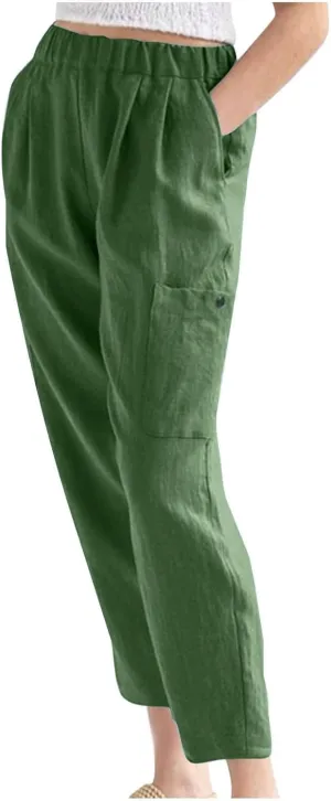 Linen Pants Women Elastic Waist Capris Lightweight Pant Striped Cropped Button Pant Lace Side Trousers Resort Wear