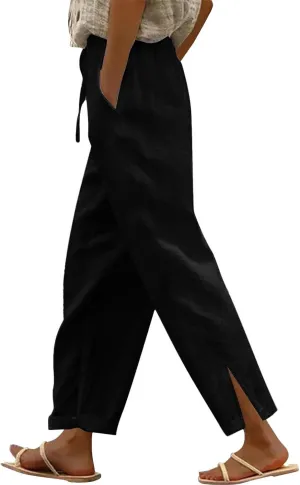 Linen Pants Women High Waist Drawstring Trousers Straight Leg Pants Side Slit Elastic Waist Slacks with Pockets