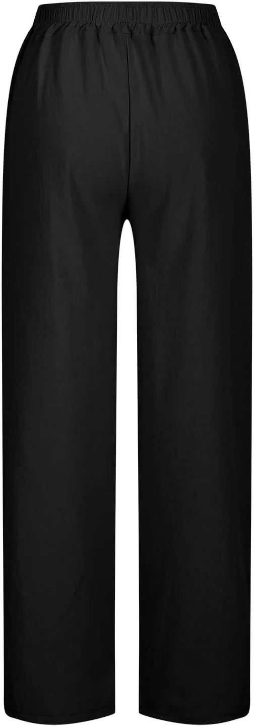 Linen Pants Women High Waist Drawstring Trousers Straight Leg Pants Side Slit Elastic Waist Slacks with Pockets