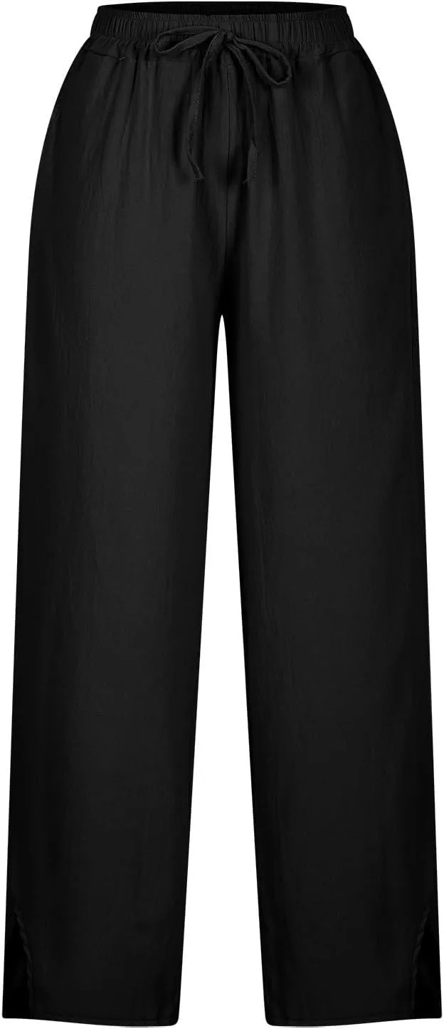 Linen Pants Women High Waist Drawstring Trousers Straight Leg Pants Side Slit Elastic Waist Slacks with Pockets