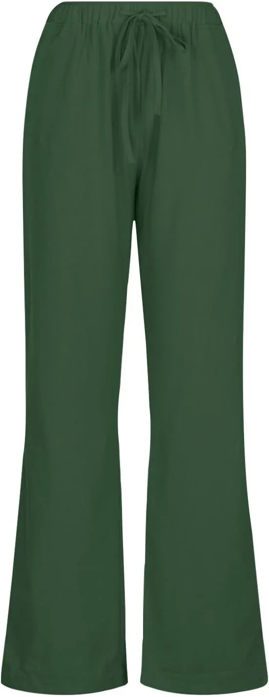 Linen Pants Women Lightweight Lounge Beach Trousers Summer Casual Elastic Drawstring Waist Palazzo with Pockets