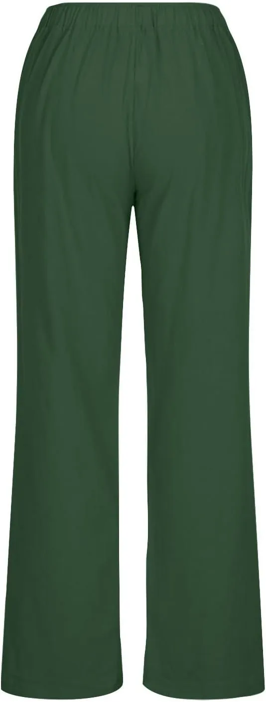 Linen Pants Women Lightweight Lounge Beach Trousers Summer Casual Elastic Drawstring Waist Palazzo with Pockets