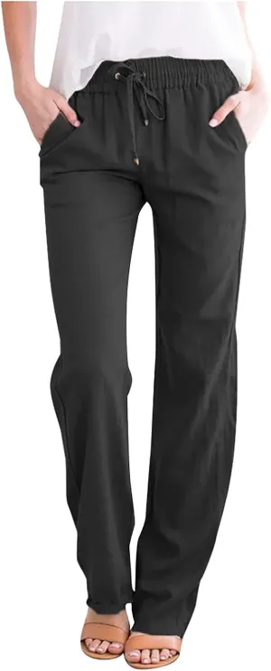 Linen Pants Women Long Summer Vacation Beach Pants Casual Cotton Linen Soft Comfy Lounge Pants Trousers with Pockets