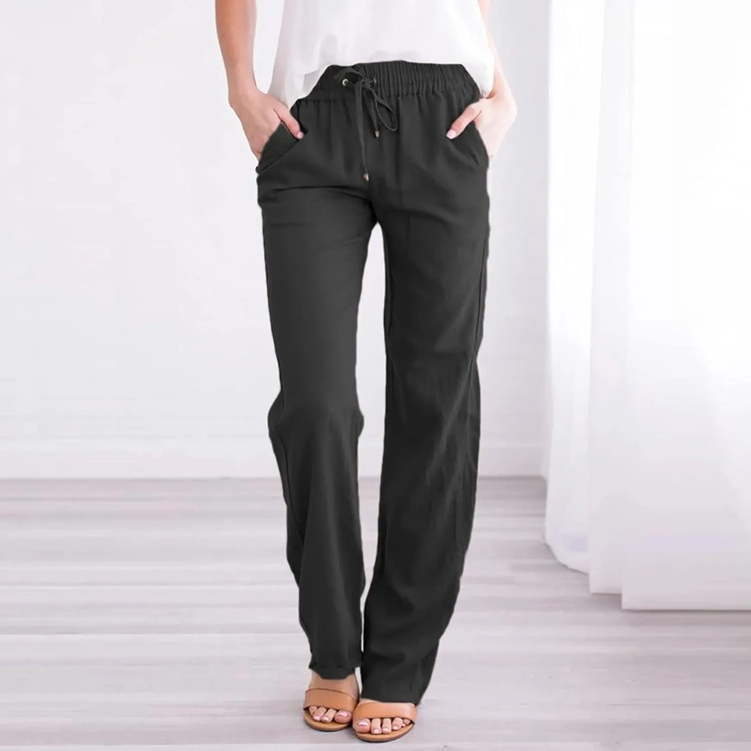Linen Pants Women Long Summer Vacation Beach Pants Casual Cotton Linen Soft Comfy Lounge Pants Trousers with Pockets