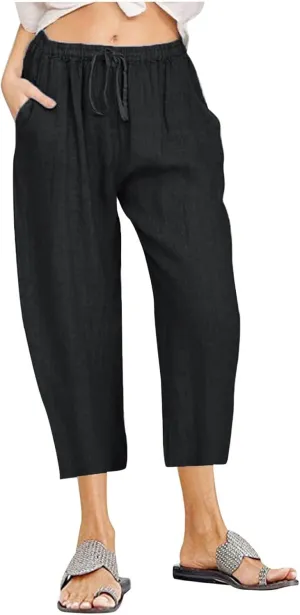 Linen Pants Women Petite Length Womens Linen Pants Casual Straight Fit Elastic Waisted Drawsting Trousers Pockets