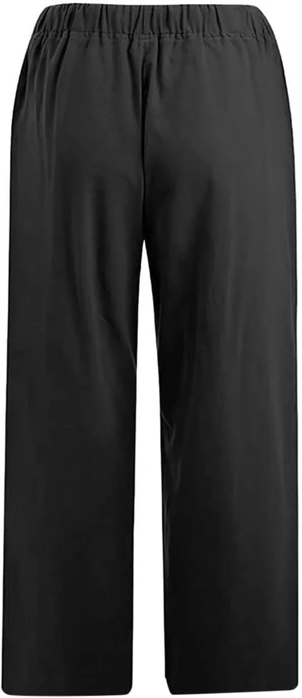 Linen Pants Women Petite Length Womens Linen Pants Casual Straight Fit Elastic Waisted Drawsting Trousers Pockets