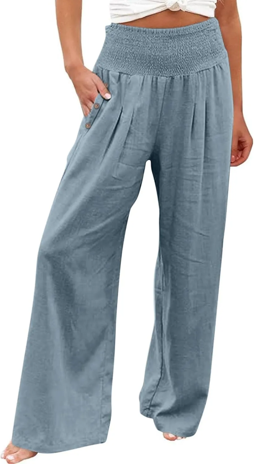 Linen Pants Women Petite Length Womens Linen Pants Casual Straight Fit Elastic Waisted Drawsting Trousers Pockets