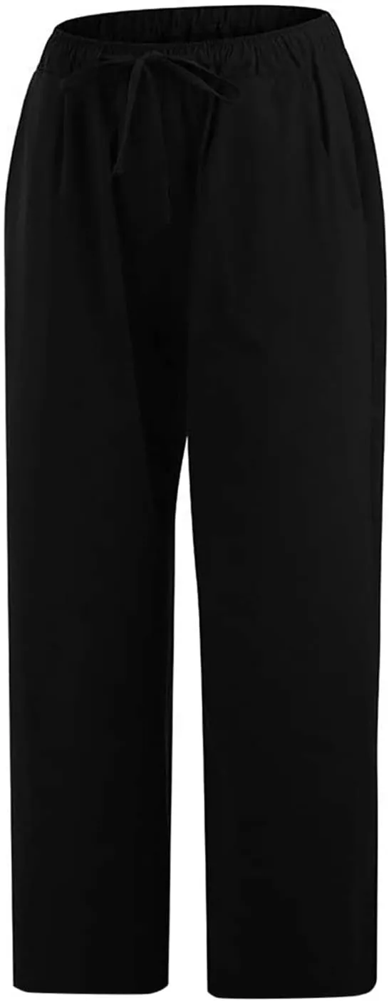 Linen Pants Women Petite Length Womens Linen Pants Casual Straight Fit Elastic Waisted Drawsting Trousers Pockets