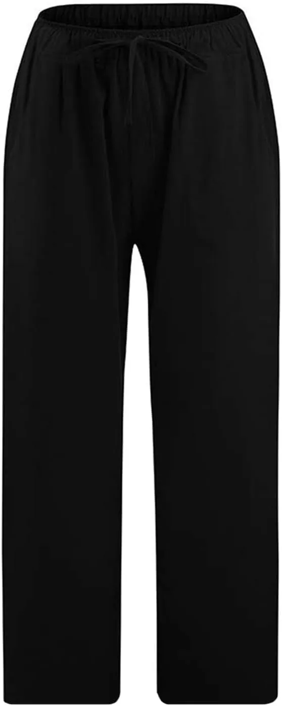 Linen Pants Women Petite Length Womens Linen Pants Casual Straight Fit Elastic Waisted Drawsting Trousers Pockets
