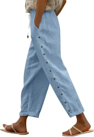 Linen Pants Women Summer Casual Side Button Striped Pants Lightweight Drawstring Guaze Pants Loose Cropped Trousers