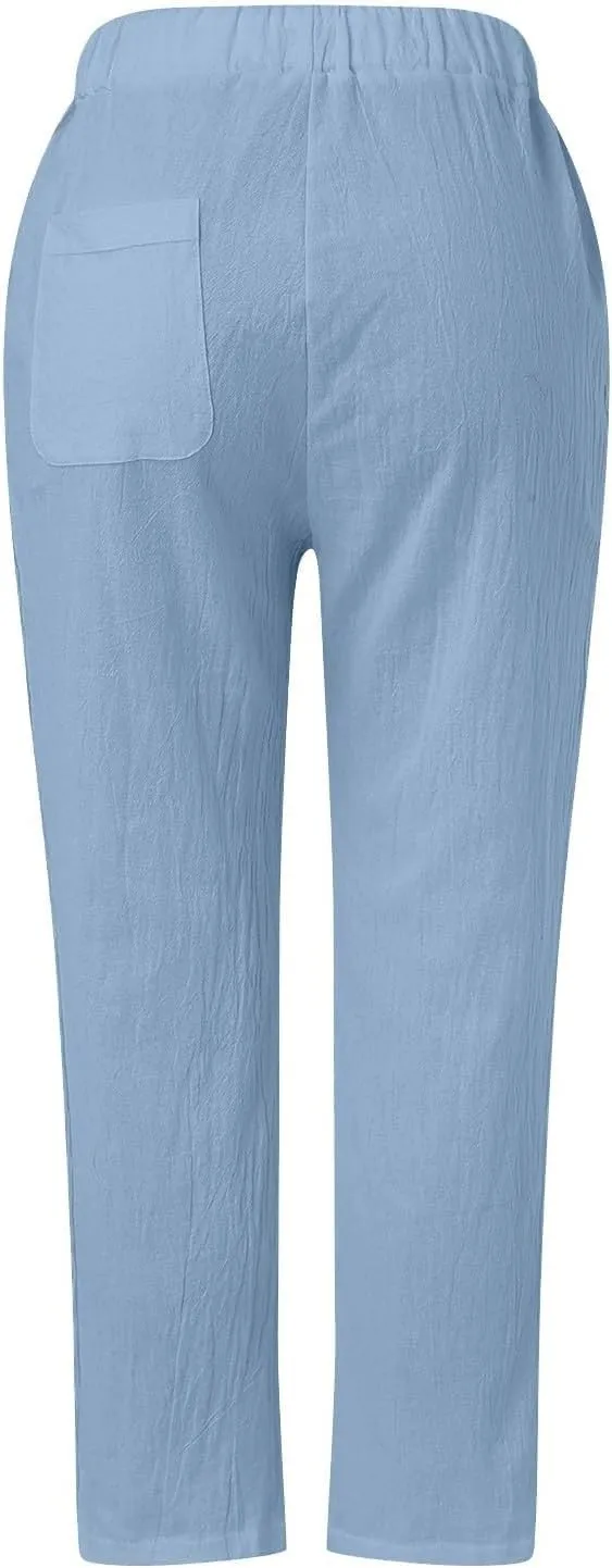 Linen Pants Women Summer Casual Side Button Striped Pants Lightweight Drawstring Guaze Pants Loose Cropped Trousers