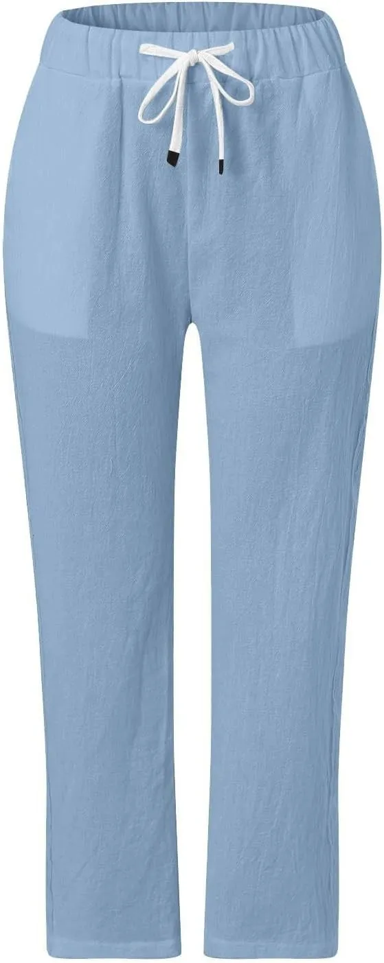 Linen Pants Women Summer Casual Side Button Striped Pants Lightweight Drawstring Guaze Pants Loose Cropped Trousers