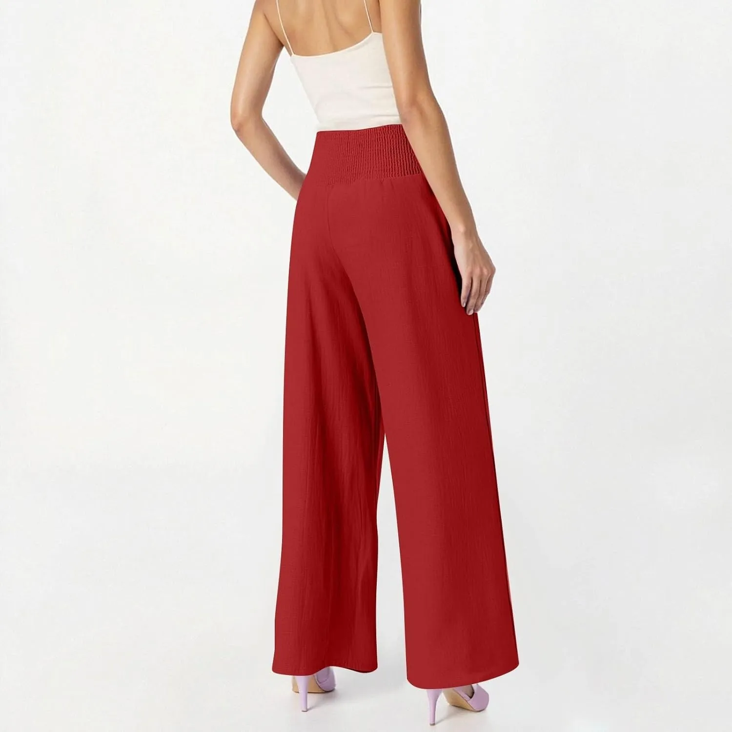 Linen Pants Women Summer High Waisted Palazzo Pants Pleated Lounge Pant Baggy Flowy Trousers with Pockets (S-XXL)