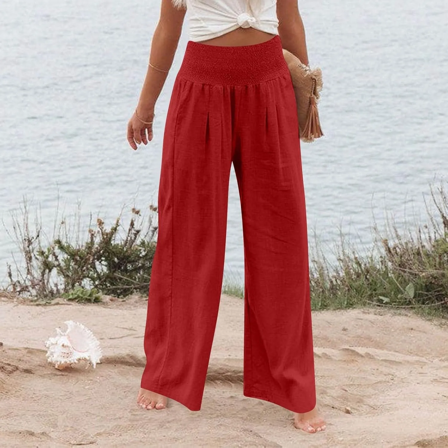 Linen Pants Women Summer High Waisted Palazzo Pants Pleated Lounge Pant Baggy Flowy Trousers with Pockets (S-XXL)