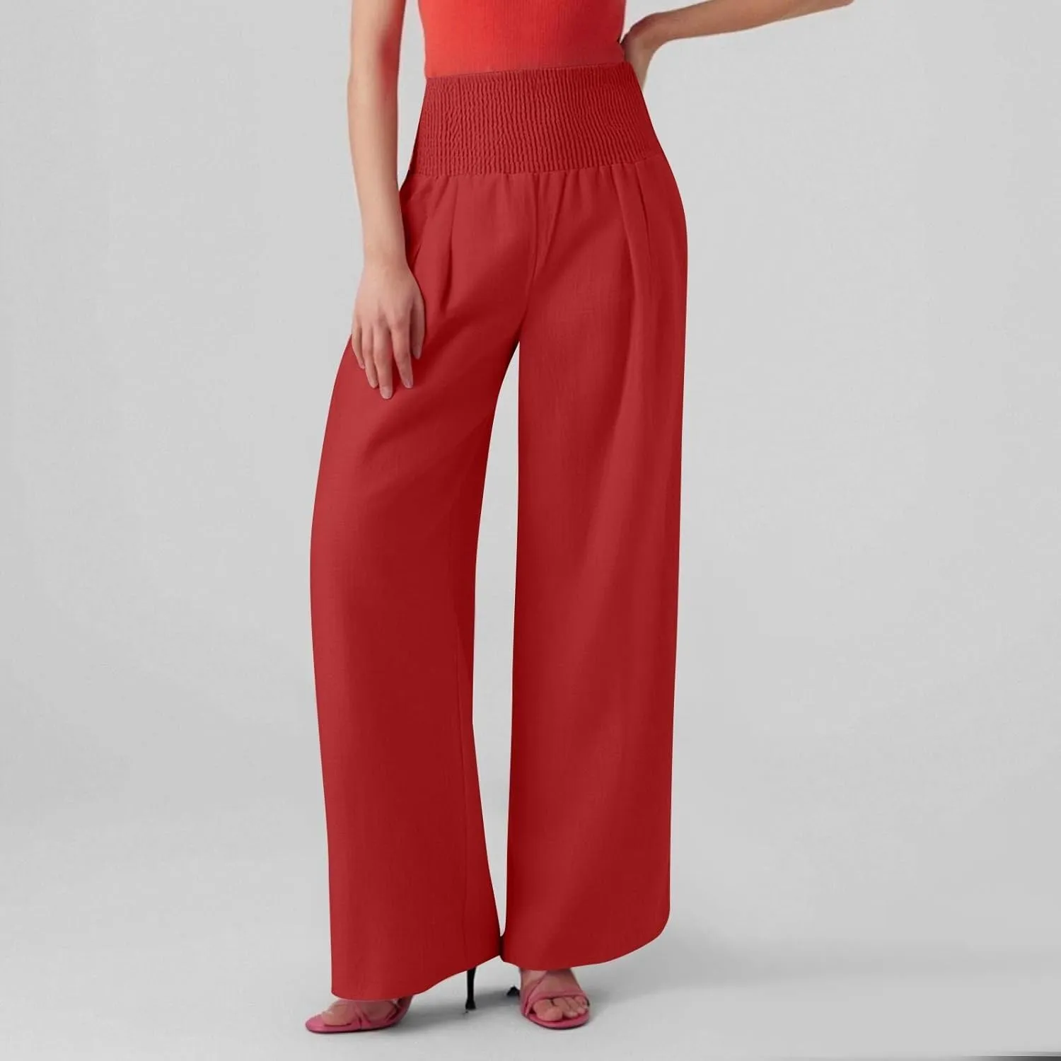 Linen Pants Women Summer High Waisted Palazzo Pants Pleated Lounge Pant Baggy Flowy Trousers with Pockets (S-XXL)