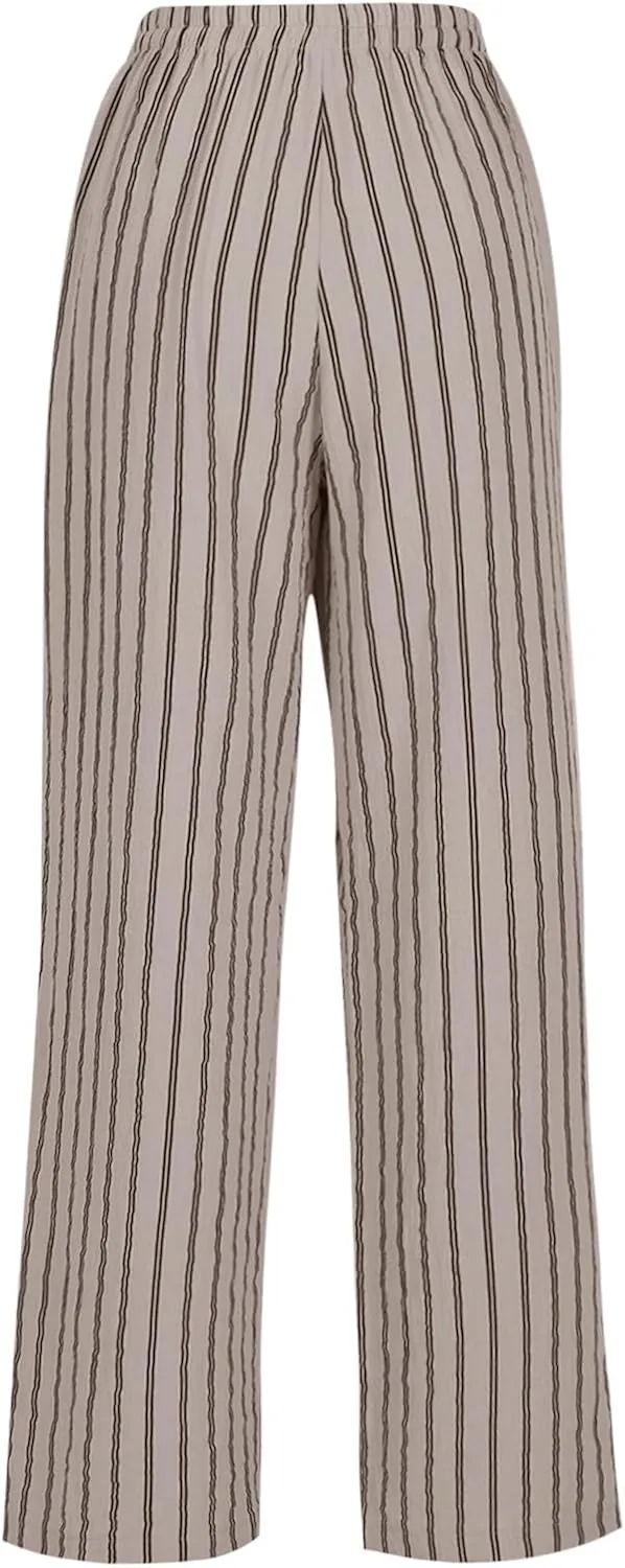 Linen Pants Women Summer Striped Wide Leg Pants Drawstring Elastic High Waisted Lounge Pants Casual Beach Trousers