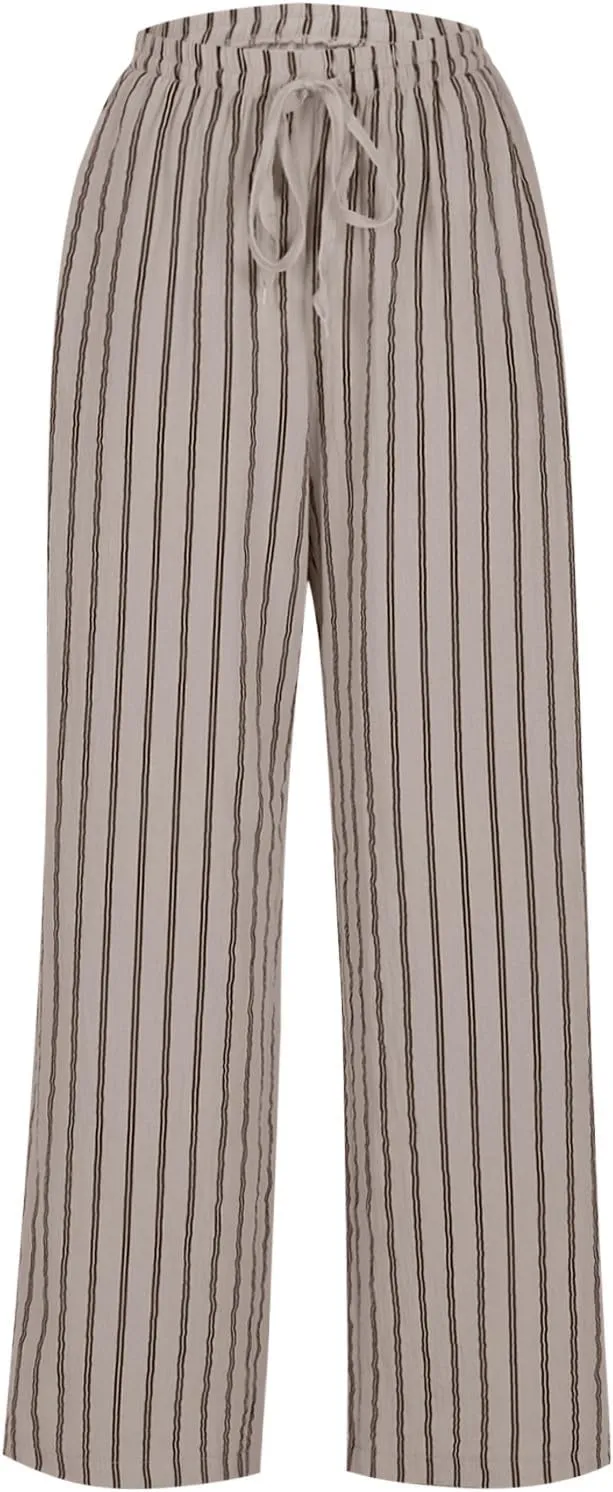 Linen Pants Women Summer Striped Wide Leg Pants Drawstring Elastic High Waisted Lounge Pants Casual Beach Trousers